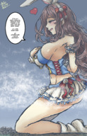 drawing giantess giga black_hair large_breasts long_hair destruction socks kneeling heart looking_down big_butt dialogue embernaga