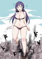 bikini drawing blushing city large_breasts long_hair destruction purple_hair smiling walking outdoors nozomi