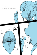 drawing vore comic monochrome tongue saliva smiling ponytail mawshot open_mouth dialogue panels imminent_vore no_background
