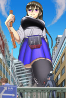 drawing giantess blushing city long_hair destruction handheld skirt brunette train smiling walking falling vehicles outdoors running_away bigsis_iyashi