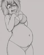 drawing large_breasts cleavage saliva underwear sweat short_hair belly open_mouth sharp_teeth no_background on_breasts leswaet