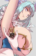 drawing long_hair licking cleavage blue_hair huge_breasts shrunken_woman looking_down no_background armpits granblue_fantasy justice_(granblue_fantasy) maria_theresa