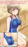 drawing blushing large_breasts long_hair swimsuit brunette sweat sitting pool shrunken_man sauna inside_clothing