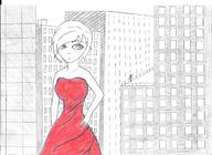 drawing giantess city clothed dress short_hair outdoors lapisgenerator