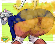drawing white_hair short_hair fart bending_over looking_back no_background one_eye_closed