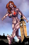 bikini breasts drawing giantess city mega color long_hair destruction toes barefoot soles red_hair muscles london outdoors raised_foot big_ben flag_bra josfouts
