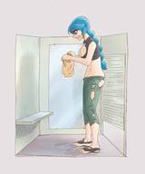 growth giantess panties long_hair cleavage blue_hair mini_giantess surprised walking looking_down looking_up freckles ripped_clothing changing_room homer-rier uneven-growth