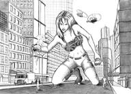 drawing giantess city monochrome long_hair destruction rampage cleavage buildings helicopter looking_down vehicles outdoors running_away union_jack flag_bra cooyari-pk