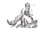 drawing monochrome clothed short_hair boots sitting legs_crossed no_background tossing bo-ots