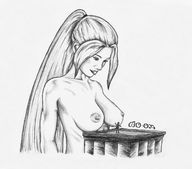 drawing monochrome large_breasts buildings topless smiling looking_down outdoors no_background bo-ots