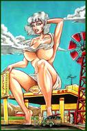 drawing giantess white_hair mega color blue_eyes barefoot huge_breasts ginormica short_hair sitting looking_down outdoors monsters_vs_aliens sitting_on_building convenient_censorship susan_murphy dreamworks gas_station granamir