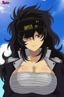 black_hair long_hair cleavage huge_breasts smiling shrunken_man looking_down hat sugarnhoney senran_kagura between_breasts daidoji