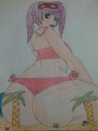 bikini drawing giantess pink_hair sitting twintails looking_down drill_hair beach_ball the-russian-loli
