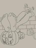 drawing monochrome large_breasts toes barefoot cleavage soles smiling pigtails pumpkin dangle tinies licking_lips grosky69 jack-o-lantern
