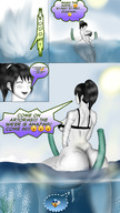 drawing insertion comic black_hair long_hair butt wet smiling ponytail outdoors tattoo closed_eyes dialogue panels grey_skin abyss-world