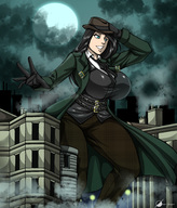 drawing giantess city black_hair long_hair clothed huge_breasts gloves outdoors hat aliessa