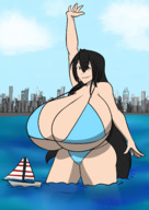 bikini drawing giantess black_hair long_hair huge_breasts boats outdoors waving