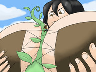 drawing black_hair long_hair huge_breasts beanstalk owlizard aliessa cupping_breasts between_breasts