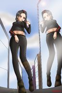 drawing city black_hair color large_breasts long_hair clothed buildings red_eyes walking reflection outdoors jimmy144 bare_midriff