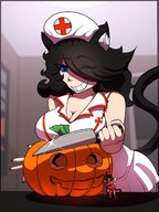 drawing black_hair color blue_eyes cleavage nurse halloween pumpkin shrunken_woman cat_girl indoors june costume knife nurse_outfit mspaintgts marker carving