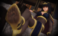 feet black_hair toes high_heels soles stockings smiling in_shoe sitting trapped jewelry sofa see_through digital_render lucina karkaterium tharja_(fire_emblem)