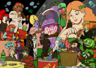 drawing gentle giantess alien color multiple_sizes halloween shrunken_man food giantesses outdoors party costume sharp_teeth antennae alternate_dimensions