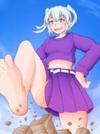 drawing city destruction clothed toes barefoot skirt soles smiling short_hair pigtails outdoors raised_foot bare_midriff dochamps