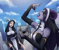 drawing giantess vore horns tail large_breasts long_hair tongue handheld cleavage purple_hair smiling open_mouth giantesses tattoo church purple_skin nun arms_folded zerohour99 nuns