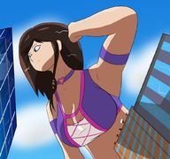 drawing giantess long_hair cleavage buildings brunette low_angle outdoors choker feyzer