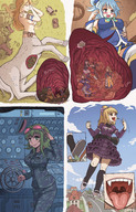 drawing giantess karbo vore blushing blonde comic large_breasts long_hair centaur destruction blue_hair topless green_hair ponytail lying_down fangs open_mouth outdoors goggles panels internal_view cutaway