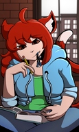 drawing gentle color clothed brown_eyes red_hair shrunken_man cat_girl indoors hoodie mspaintgts triston homework
