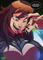 drawing vore blonde large_breasts long_hair tongue smiling open_mouth dangle between_fingers dialogue sharp_teeth sharp_nails bearsafterbunnies