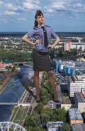 giantess collage city mega black_hair clothed high_heels brunette police ponytail uniform nylons outdoors artdent hands_on_hips police_officer