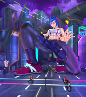 drawing giantess crush city color destruction barefoot glasses blue_hair shoes street ponytail bare_midriff micwhyss cyberpunk s.vira