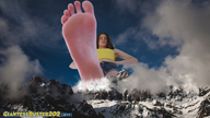 giantess collage long_hair clothed toes barefoot soles brunette low_angle looking_down mountains outdoors raised_foot hands_on_hips giantessbuster209