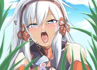 drawing white_hair blushing color tongue mouth shrunken_man grass imminent_vore monster_hunter kirin niwaka_potato
