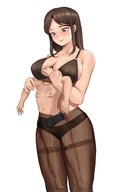 drawing blushing large_breasts long_hair brunette underwear smiling mini_giantess nylons looking_down inside_clothing no_background
