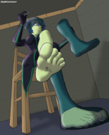 drawing feet color large_breasts clothed handheld toes barefoot soles low_angle yellow_eyes in_shoe dress boots sitting foot_crush shrunken_people x-ray chair indoors under_foot legs_crossed stuck_to_foot green_skin multicolored_hair yacht_club_games sizeworkshop shovel_knight_(series) mona_(shovel_knight) derisk