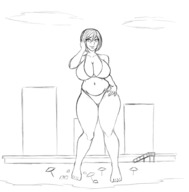 drawing giantess monochrome large_breasts beach cleavage buildings short_hair outdoors umbrella thick_thighs animalautumn