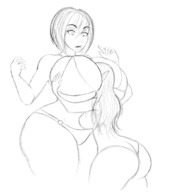 drawing monochrome long_hair butt huge_breasts short_hair mini_giantess surprised hugging thick_thighs no_background pointed_ears animalautumn