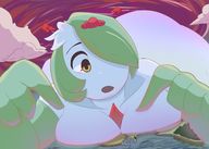 drawing gentle giantess pokemon furry city color large_breasts butt bridge cleavage water buildings yellow_eyes green_hair lying_down surprised gardevoir open_mouth clouds outdoors sky commission pale_skin one_eye_covered sihagen dynamax chloe_(gardevoir) drawinggardi