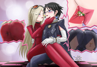 drawing blushing blonde black_hair color long_hair blue_eyes clothed glasses butt_crush low_angle short_hair sitting kissing lesbians shrunken_people earrings between_lips bayonetta pit jeanne palutena thedaibijin dark_pit sitting_on_lap