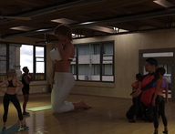 large_breasts long_hair barefoot brunette mini_giantess kneeling muscles pants indoors digital_render bare_midriff vardyger