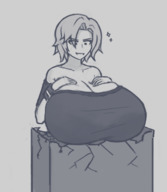 drawing monochrome destruction cleavage huge_breasts smiling short_hair looking_down no_background