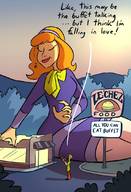 drawing giantess mega color clothed skirt red_hair dress sitting eating restaurant scooby-doo caiman2 shaggy daphne_blake cartoon_network