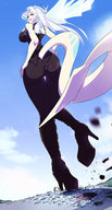 drawing giantess white_hair giga tail color large_breasts long_hair destruction clothed buildings blue_hair boots pink_eyes walking foot_print looking_back inside_clothing