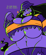 drawing blushing black_hair long_hair cleavage huge_breasts smiling looking_down laughing hat claw ripped_clothing dialogue no_background theenglishgent bare_midriff
