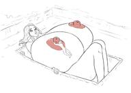 drawing giantess nude blushing monochrome long_hair huge_breasts pool looking_down outdoors freckles hanging_on thick_thighs just-add-water99