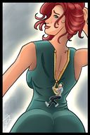 blushing large_breasts long_hair smiling red_hair shrunken_man looking_back big_butt hanging_on no_background teaquill