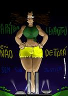 drawing giantess long_hair angry brunette stadium shorts looking_down dark_skin flip_flops hands_on_hips super-ego bare_midriff